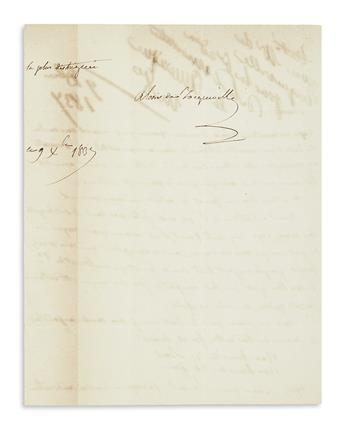 TOCQUEVILLE, ALEXIS DE. Autograph Letter Signed, to Editor of the Charles Gosselin Library, in French,